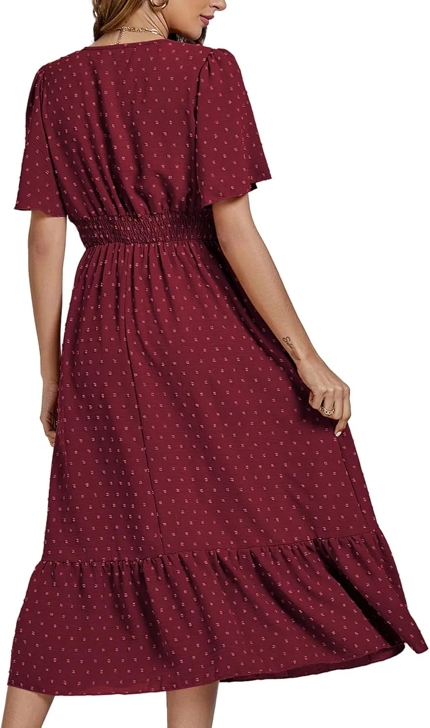 LYANER Women Boho Maxi Dress Long Sleeve V Neck Swiss Dot High Waited A-Line Ruffle Tiered Chiffon Long Dresses