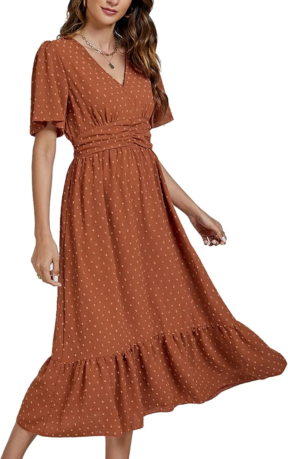 LYANER Women Boho Maxi Dress Long Sleeve V Neck Swiss Dot High Waited A-Line Ruffle Tiered Chiffon Long Dresses