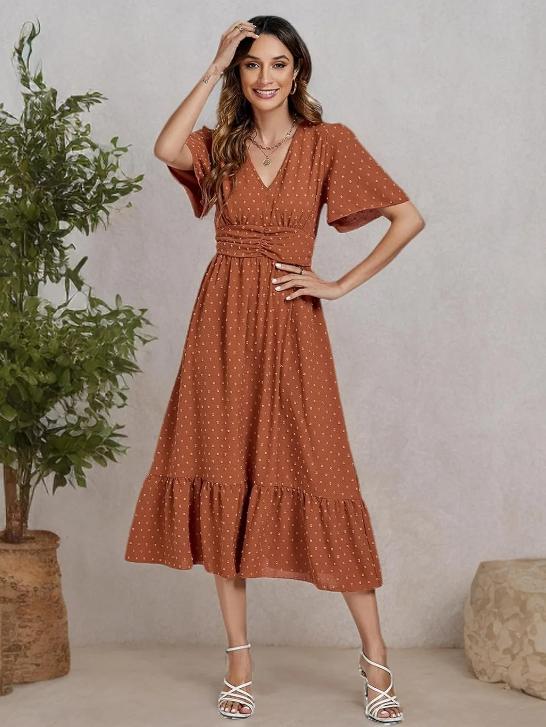 LYANER Women Boho Maxi Dress Long Sleeve V Neck Swiss Dot High Waited A-Line Ruffle Tiered Chiffon Long Dresses