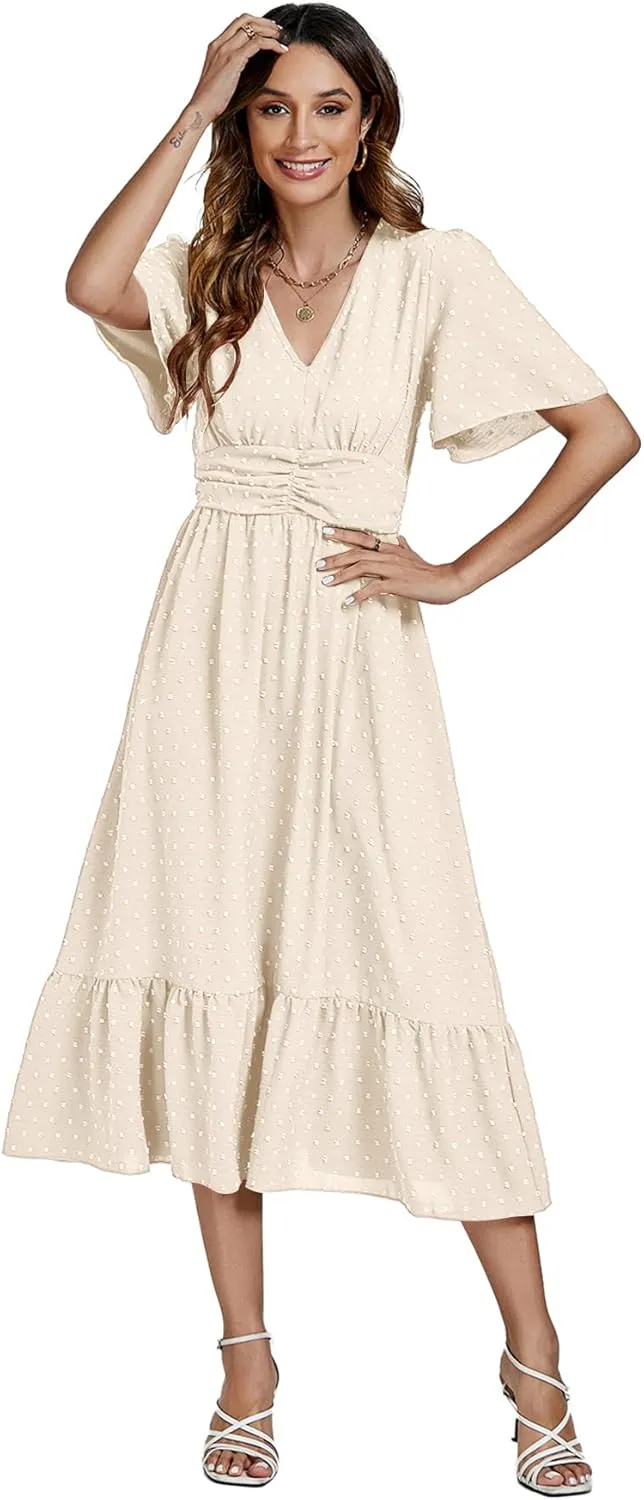 LYANER Women Boho Maxi Dress Long Sleeve V Neck Swiss Dot High Waited A-Line Ruffle Tiered Chiffon Long Dresses