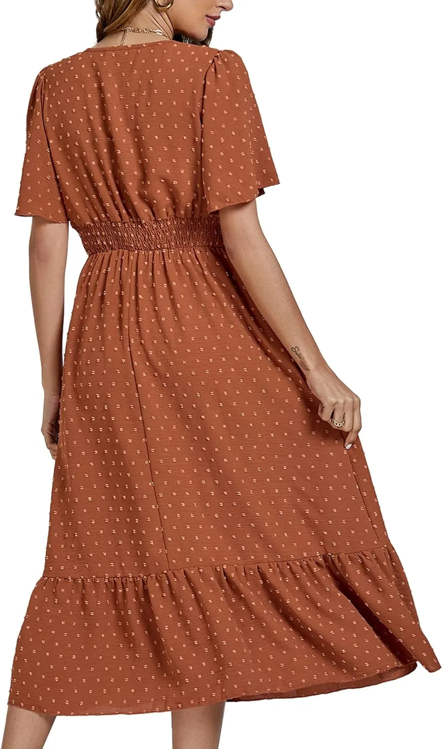 LYANER Women Boho Maxi Dress Long Sleeve V Neck Swiss Dot High Waited A-Line Ruffle Tiered Chiffon Long Dresses