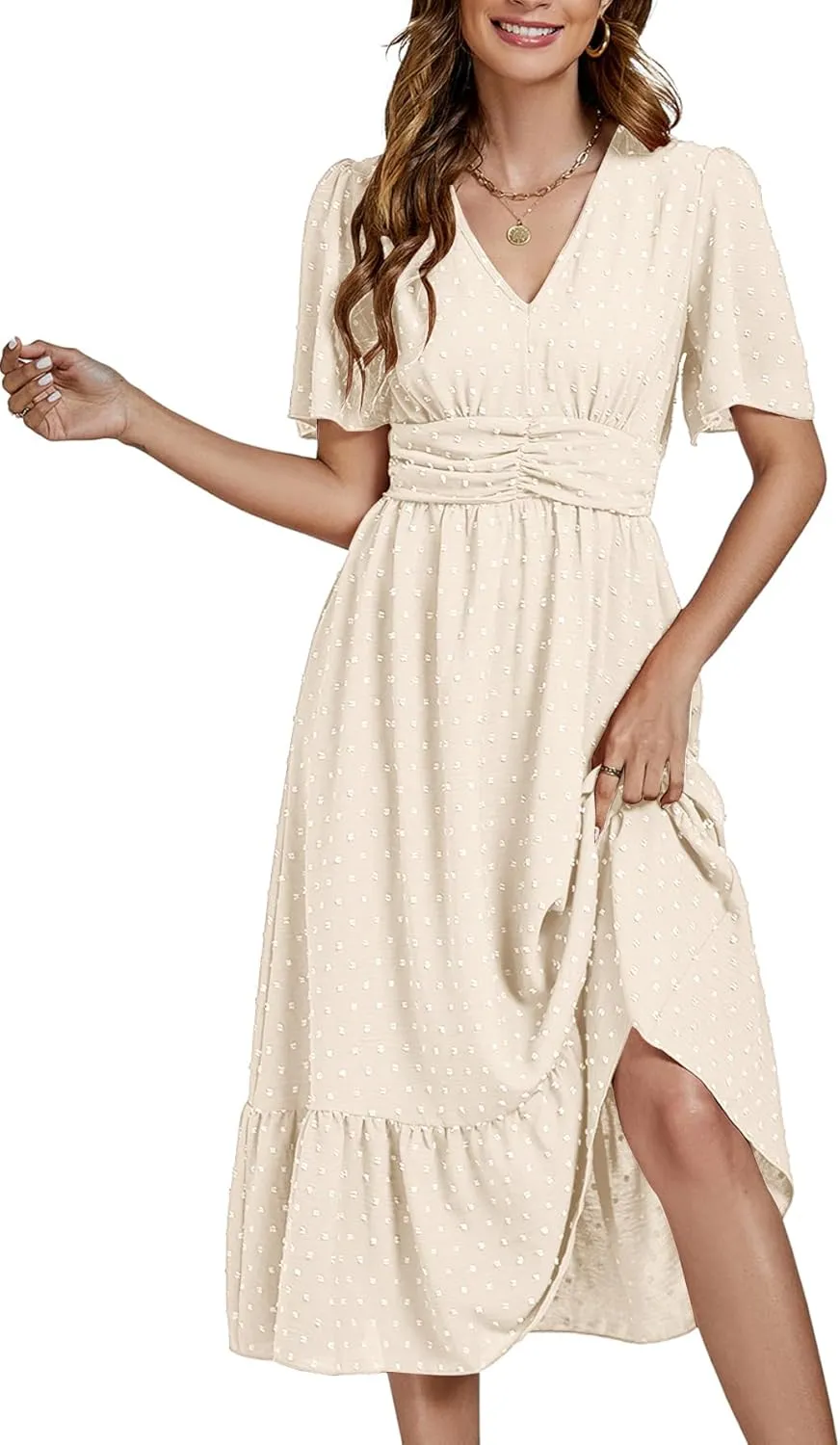 LYANER Women Boho Maxi Dress Long Sleeve V Neck Swiss Dot High Waited A-Line Ruffle Tiered Chiffon Long Dresses