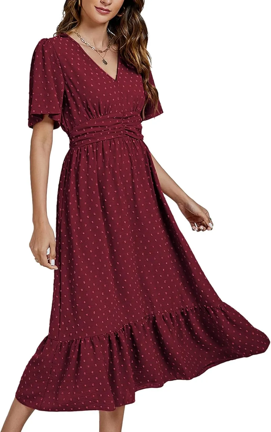 LYANER Women Boho Maxi Dress Long Sleeve V Neck Swiss Dot High Waited A-Line Ruffle Tiered Chiffon Long Dresses