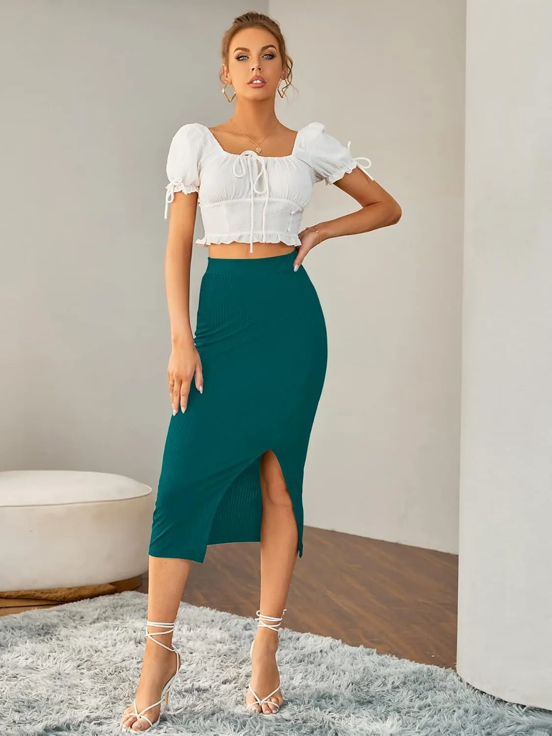 LYANER Women's High Waist Stretchy Rib Knit Split Slit Hem Midi Pencil Skirt