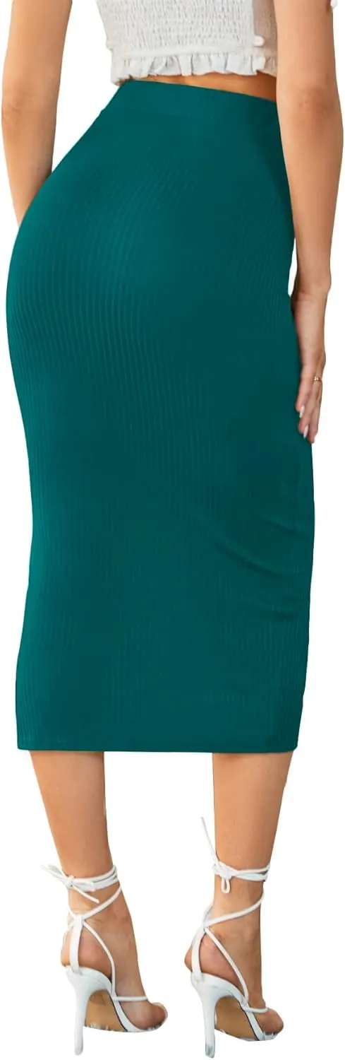 LYANER Women's High Waist Stretchy Rib Knit Split Slit Hem Midi Pencil Skirt