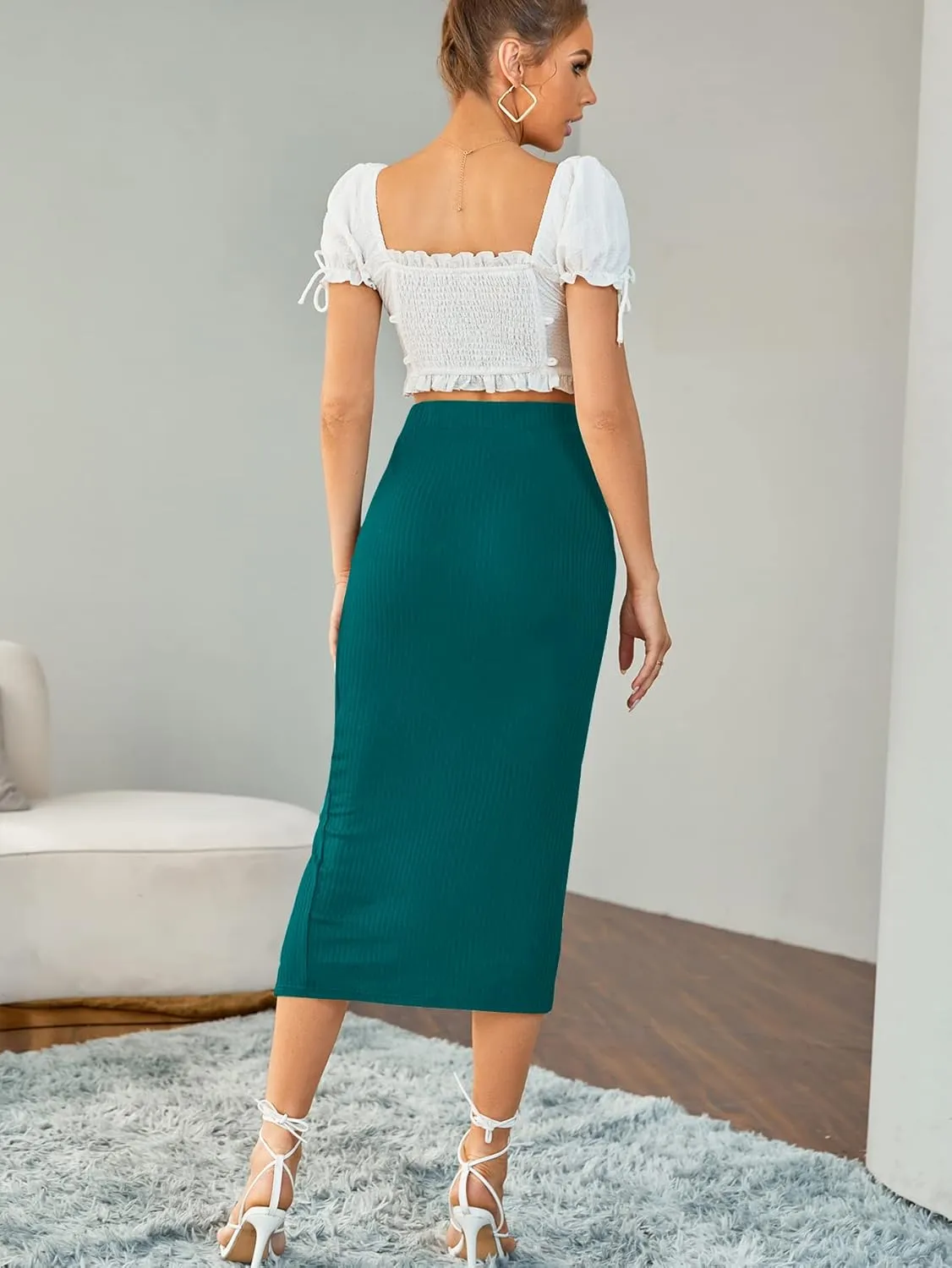 LYANER Women's High Waist Stretchy Rib Knit Split Slit Hem Midi Pencil Skirt