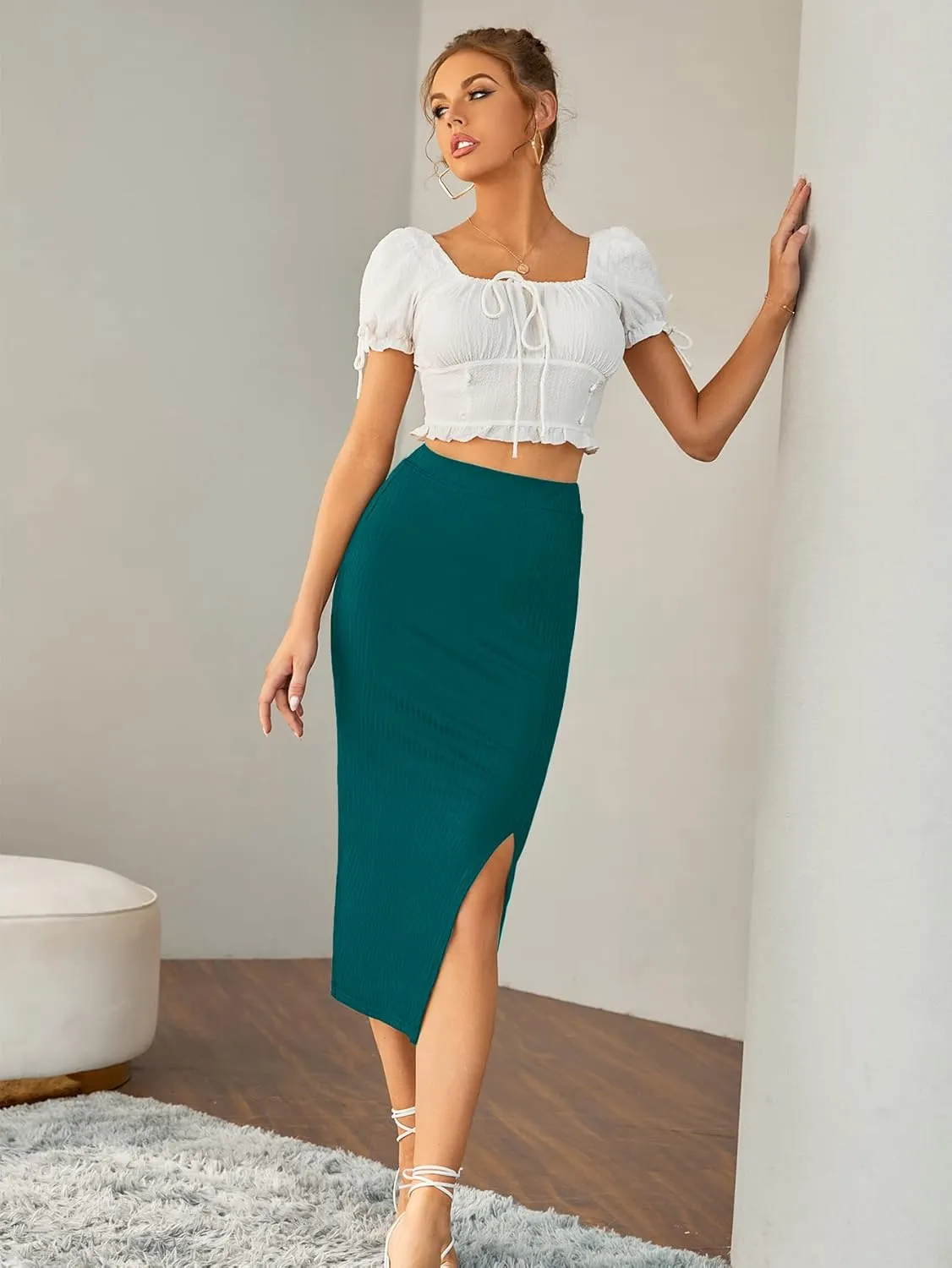 LYANER Women's High Waist Stretchy Rib Knit Split Slit Hem Midi Pencil Skirt