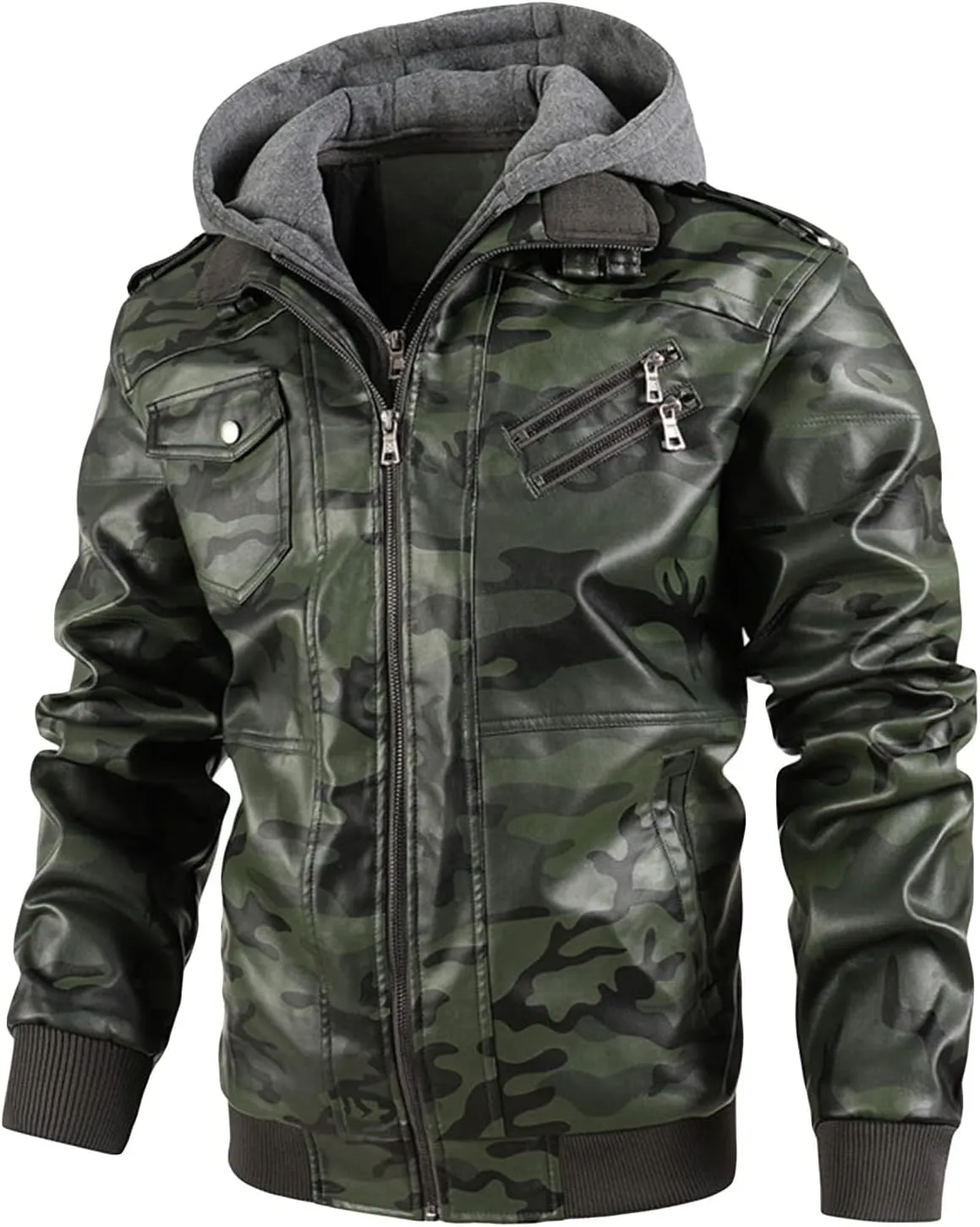 Maiyifu-GJ Camo Motorcycle Jacket for Men Faux Leather Windproof Moto Coat Vintage Bomber Hoodie with Removable Hood