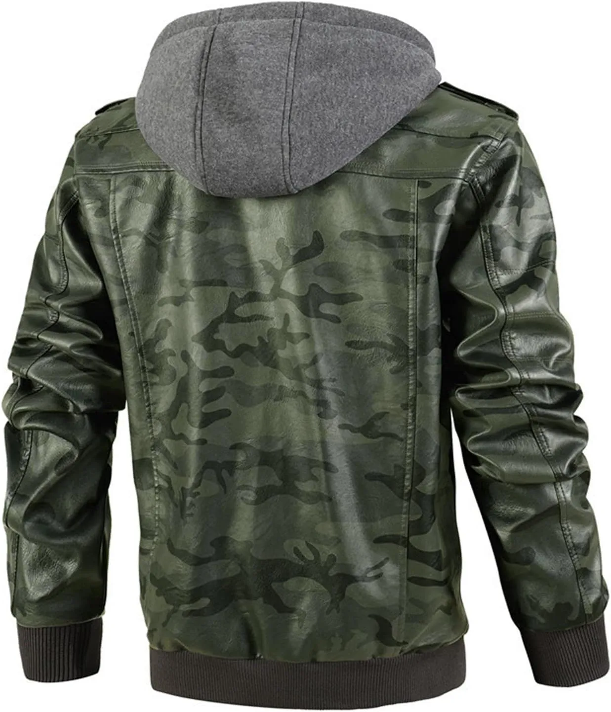 Maiyifu-GJ Camo Motorcycle Jacket for Men Faux Leather Windproof Moto Coat Vintage Bomber Hoodie with Removable Hood