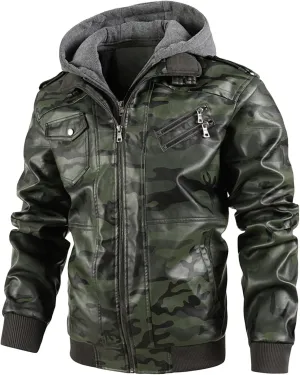 Maiyifu-GJ Camo Motorcycle Jacket for Men Faux Leather Windproof Moto Coat Vintage Bomber Hoodie with Removable Hood