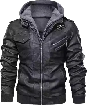 Maiyifu-GJ Casual Motorcycle Jacket for Men Faux Leather Windproof Moto Coat Vintage Bomber Hoodie with Removable Hood