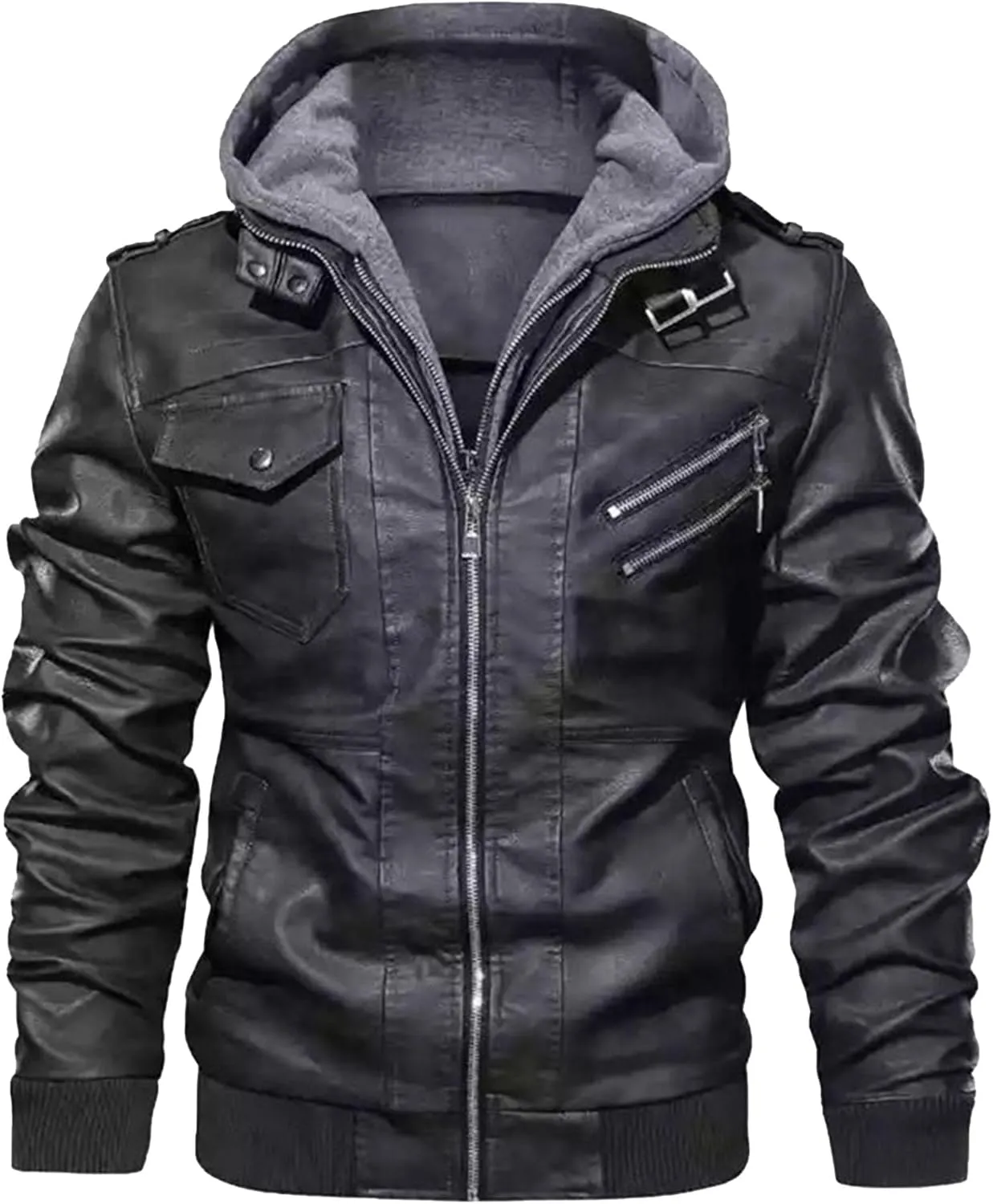 Maiyifu-GJ Casual Motorcycle Jacket for Men Faux Leather Windproof Moto Coat Vintage Bomber Hoodie with Removable Hood