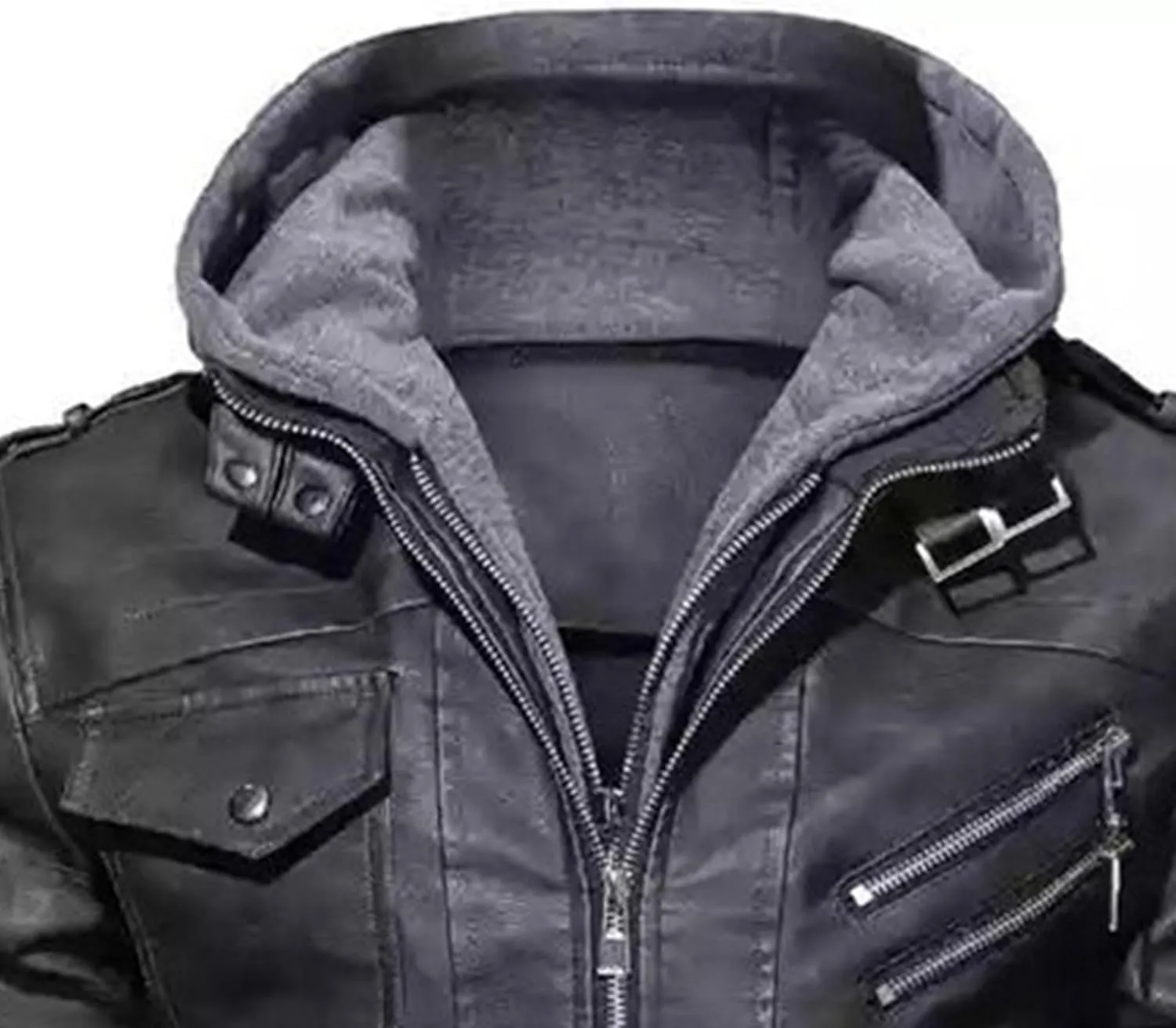 Maiyifu-GJ Casual Motorcycle Jacket for Men Faux Leather Windproof Moto Coat Vintage Bomber Hoodie with Removable Hood
