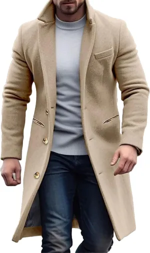 Maiyifu-GJ Men's Trench Coat Slim Fit Winter Notched Lapel Single Breasted Long Jacket Overcoat