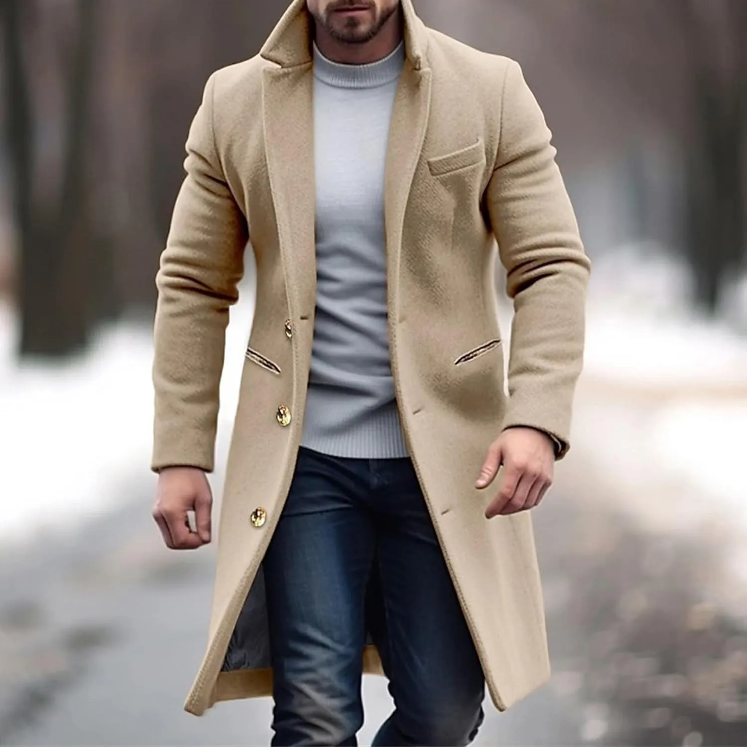 Maiyifu-GJ Men's Trench Coat Slim Fit Winter Notched Lapel Single Breasted Long Jacket Overcoat