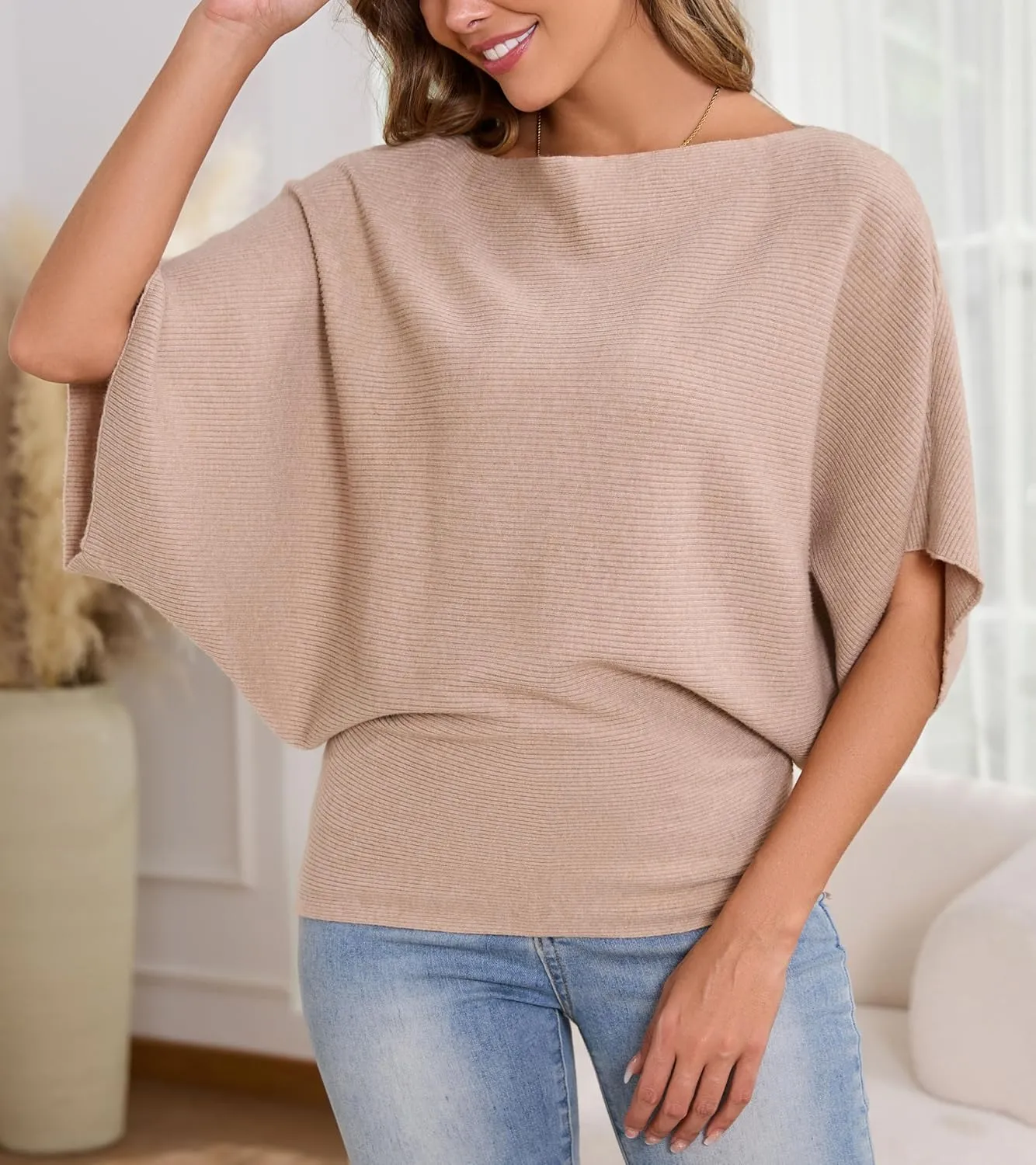 MAKARTHY Womens Batwing Sleeves Knitted Dolman Pullovers Boat Neck Tops Sweatershirts