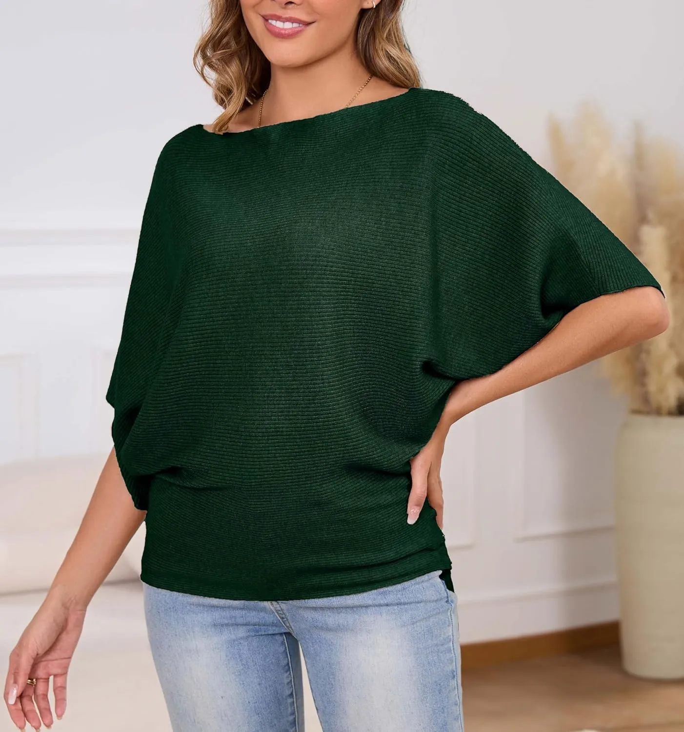 MAKARTHY Womens Batwing Sleeves Knitted Dolman Pullovers Boat Neck Tops Sweatershirts
