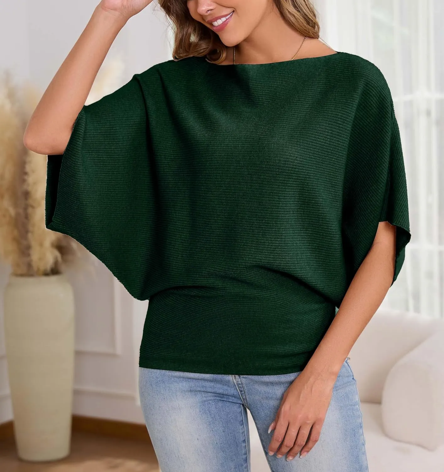 MAKARTHY Womens Batwing Sleeves Knitted Dolman Pullovers Boat Neck Tops Sweatershirts