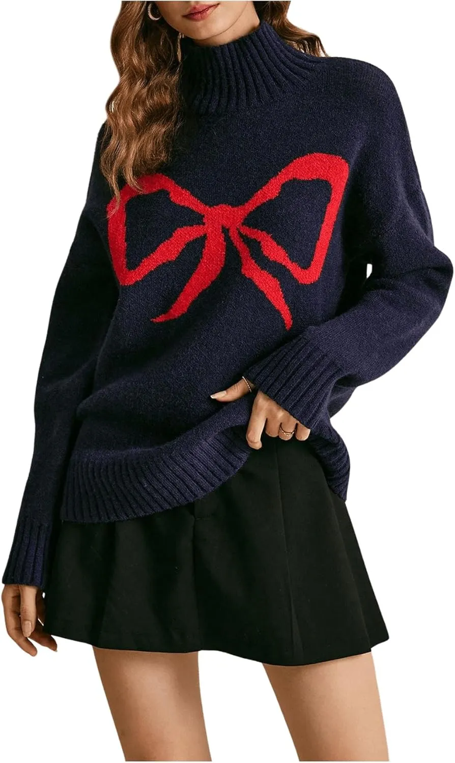 MakeMeChic Women's Bow Graphic Mock Neck Sweater Long Sleeve Knitted Cute Pullovers