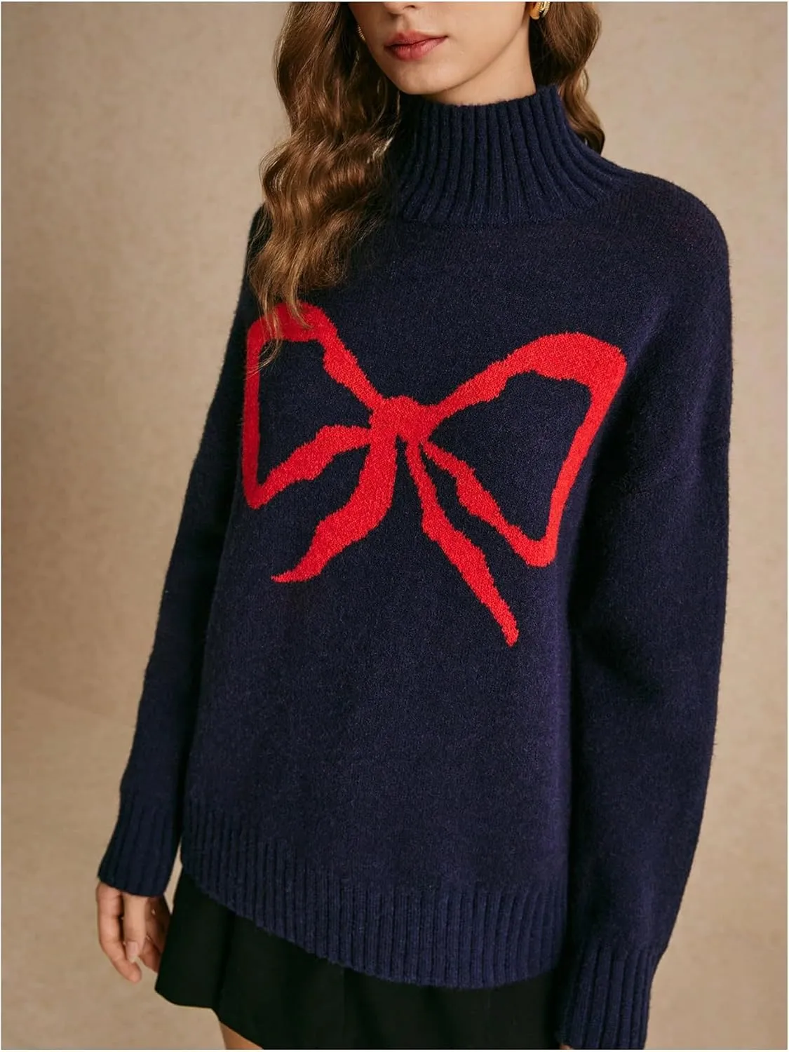 MakeMeChic Women's Bow Graphic Mock Neck Sweater Long Sleeve Knitted Cute Pullovers