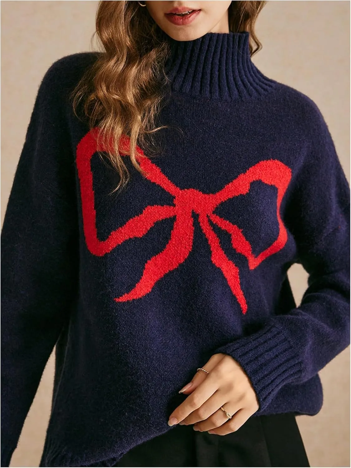 MakeMeChic Women's Bow Graphic Mock Neck Sweater Long Sleeve Knitted Cute Pullovers