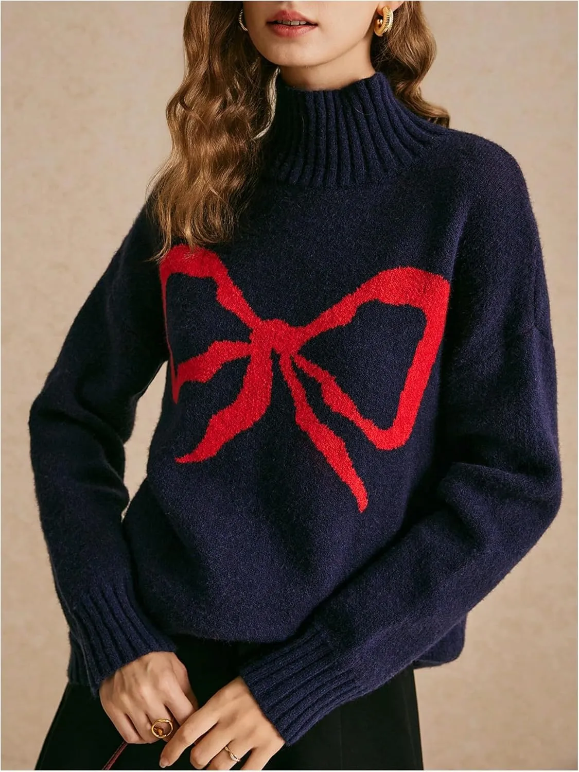 MakeMeChic Women's Bow Graphic Mock Neck Sweater Long Sleeve Knitted Cute Pullovers