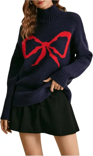 MakeMeChic Women's Bow Graphic Mock Neck Sweater Long Sleeve Knitted Cute Pullovers