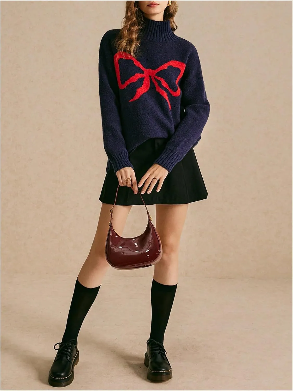 MakeMeChic Women's Bow Graphic Mock Neck Sweater Long Sleeve Knitted Cute Pullovers