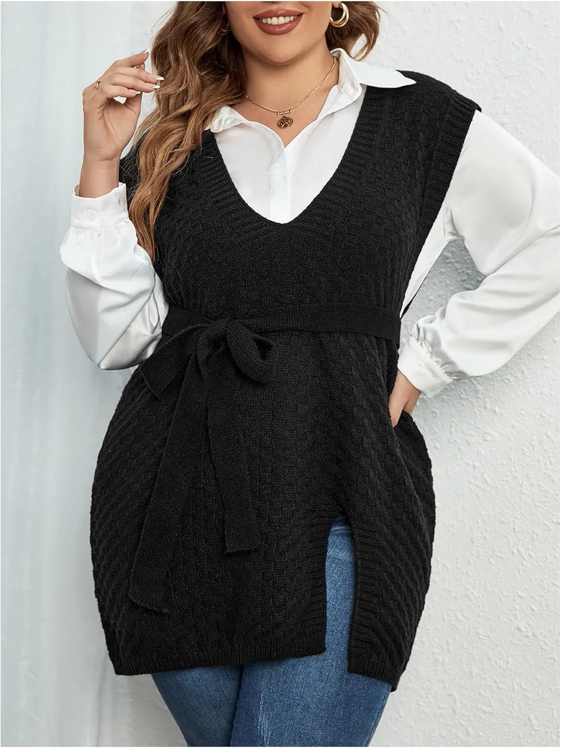 MakeMeChic Women's Plus Size Split Side Sweater Vest Sleeveless V Neck Belted Loose Pullovers
