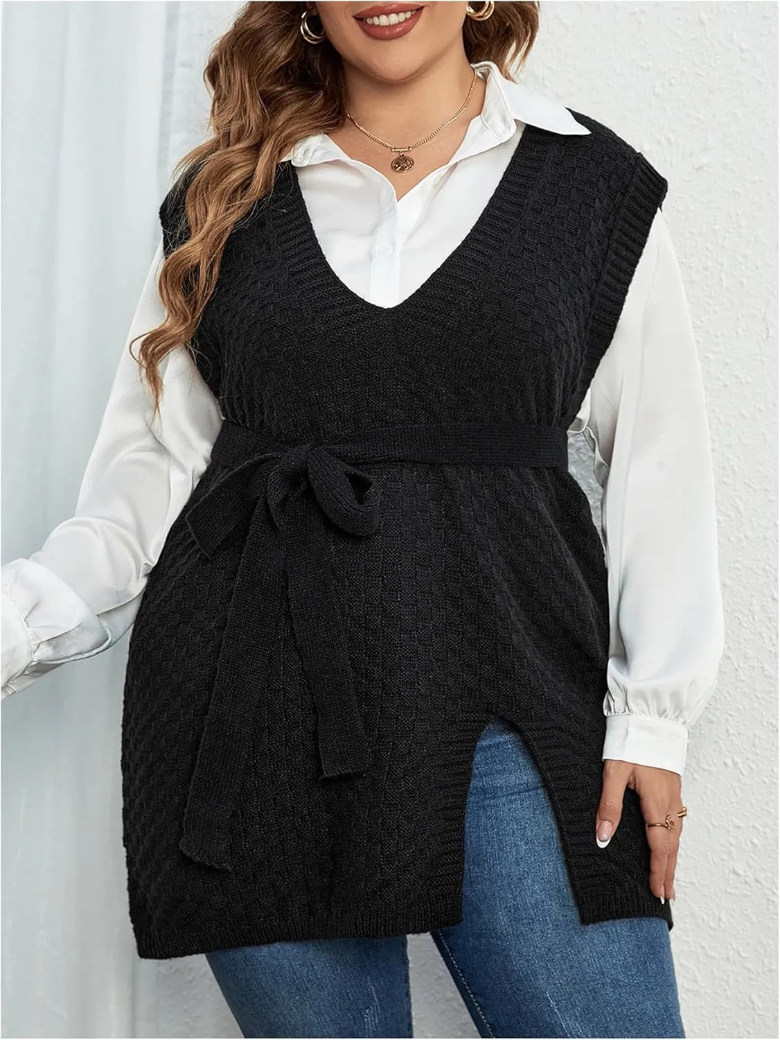 MakeMeChic Women's Plus Size Split Side Sweater Vest Sleeveless V Neck Belted Loose Pullovers