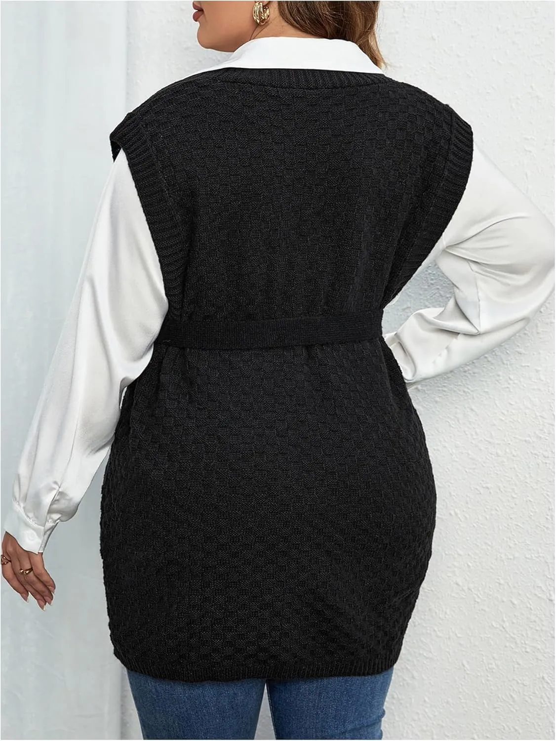 MakeMeChic Women's Plus Size Split Side Sweater Vest Sleeveless V Neck Belted Loose Pullovers