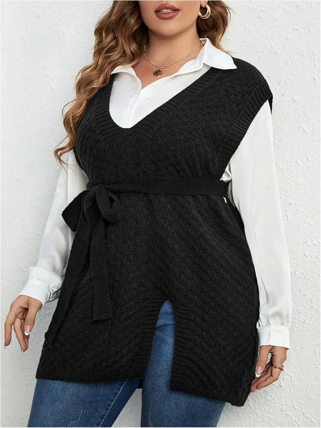 MakeMeChic Women's Plus Size Split Side Sweater Vest Sleeveless V Neck Belted Loose Pullovers