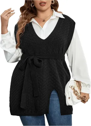 MakeMeChic Women's Plus Size Split Side Sweater Vest Sleeveless V Neck Belted Loose Pullovers