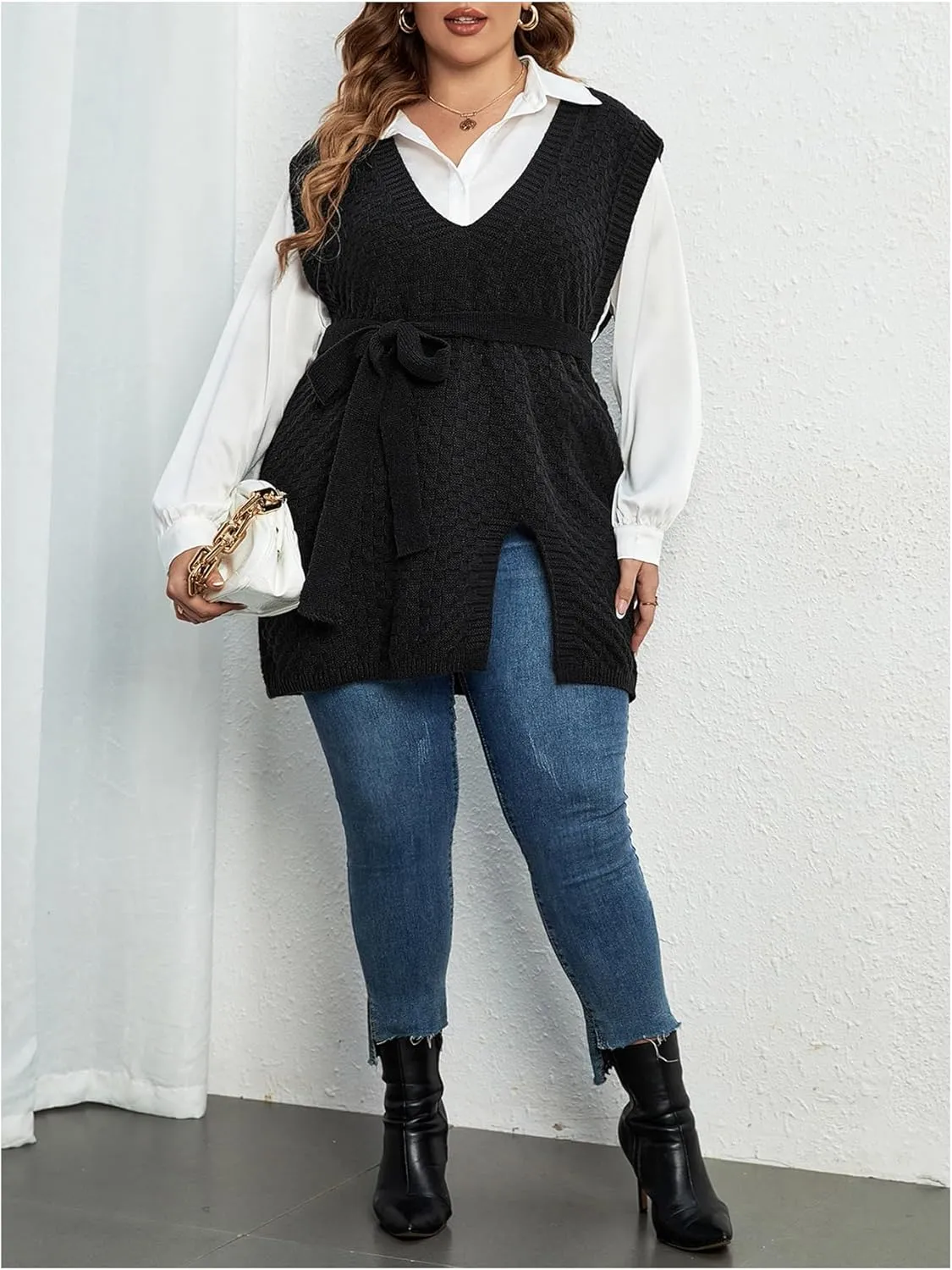 MakeMeChic Women's Plus Size Split Side Sweater Vest Sleeveless V Neck Belted Loose Pullovers
