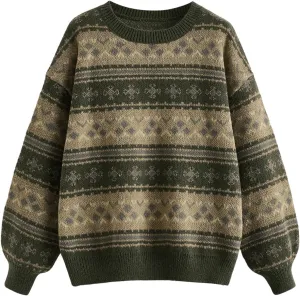MakeMeChic Women's Vintage Sweater Geo Pattern Striped Crew Neck Long Sleeve Drop Shoulder Knit Pullovers