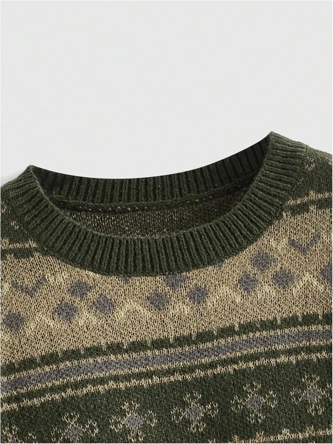 MakeMeChic Women's Vintage Sweater Geo Pattern Striped Crew Neck Long Sleeve Drop Shoulder Knit Pullovers
