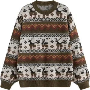 MakeMeChic Women's Vintage Sweater Geo Pattern Striped Crew Neck Long Sleeve Drop Shoulder Knit Pullovers