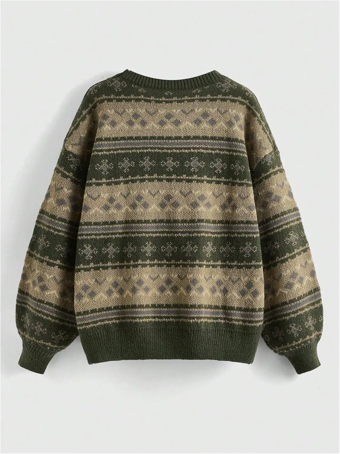 MakeMeChic Women's Vintage Sweater Geo Pattern Striped Crew Neck Long Sleeve Drop Shoulder Knit Pullovers