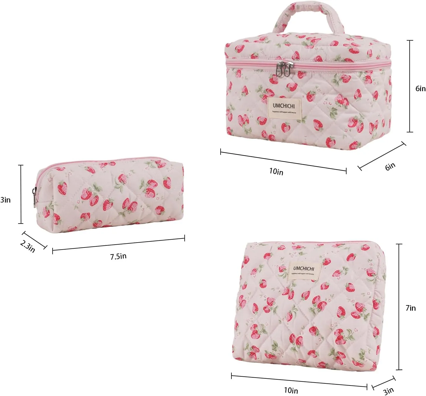 Makeup Bag, Quilted Cosmetic Bag, Large strawberry Makeup Bag for women, Cotton Makeup Set, Cute Toiltry Bag for travel.