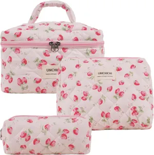 Makeup Bag, Quilted Cosmetic Bag, Large strawberry Makeup Bag for women, Cotton Makeup Set, Cute Toiltry Bag for travel.