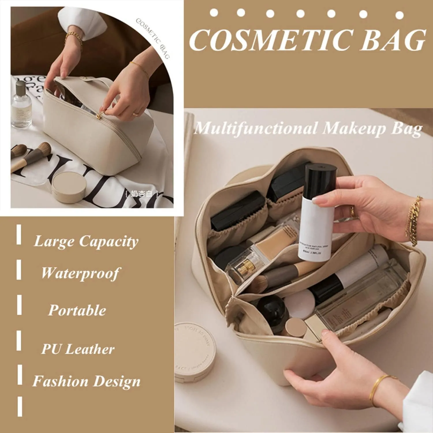 Makeup Bag Travel Cosmetic Bag, Large Capacity Travel Cosmetic Bag, Multifunctional Storage Makeup Bag Waterproof Portable PU Leather Makeup Bag with Handle and Divider (Blue)