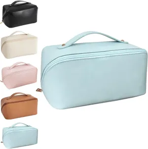 Makeup Bag Travel Cosmetic Bag, Large Capacity Travel Cosmetic Bag, Multifunctional Storage Makeup Bag Waterproof Portable PU Leather Makeup Bag with Handle and Divider (Blue)