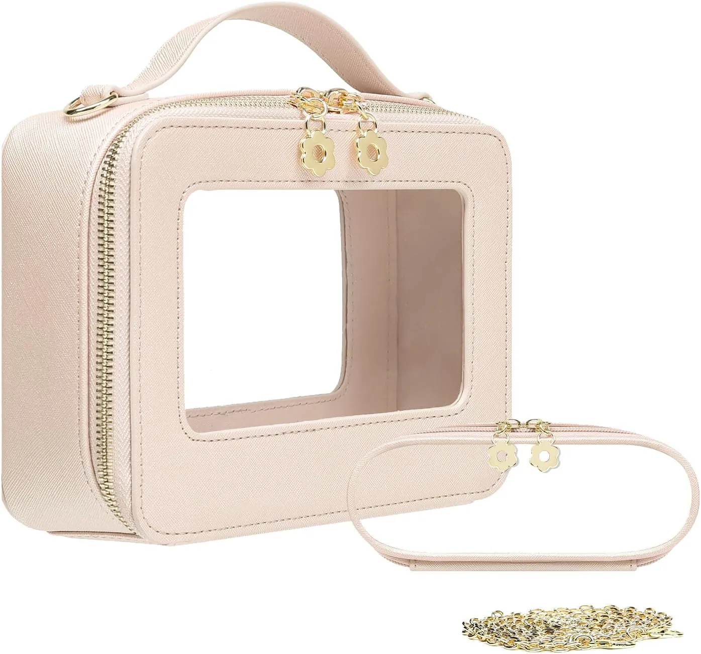 Makeup Bags Set, Leather Travel Toiletry Bag with handle with Small Makeup Brush Bag, Transparent Crossbody Bags Shoulder Bags with metal detachable shoulder strap (Beige)