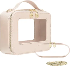 Makeup Bags Set, Leather Travel Toiletry Bag with handle with Small Makeup Brush Bag, Transparent Crossbody Bags Shoulder Bags with metal detachable shoulder strap (Beige)