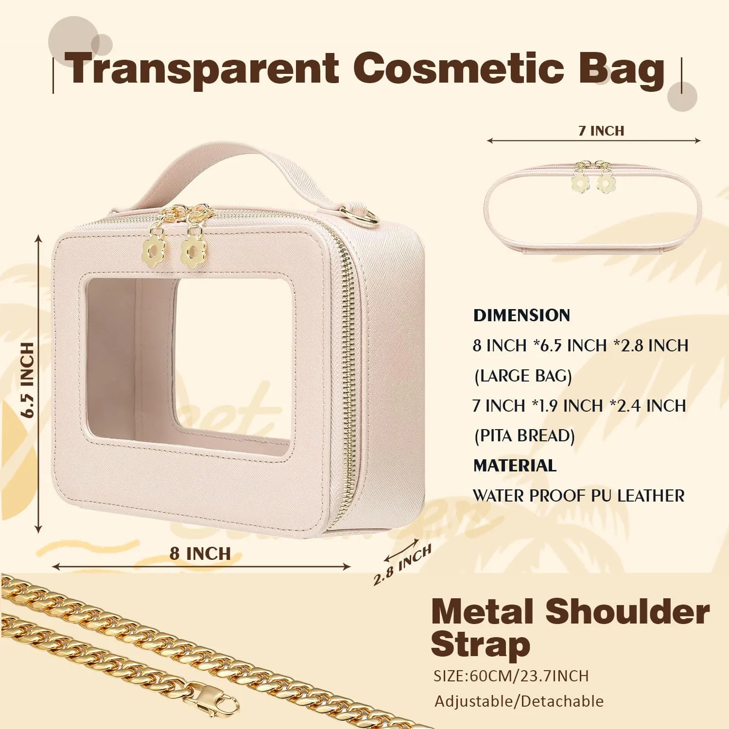 Makeup Bags Set, Leather Travel Toiletry Bag with handle with Small Makeup Brush Bag, Transparent Crossbody Bags Shoulder Bags with metal detachable shoulder strap (Beige)