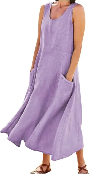 Maxi Dress for Women,2023 Spring Summer Cotton Linen Boho Casual Fashion Sleeveless Dress for Holiday