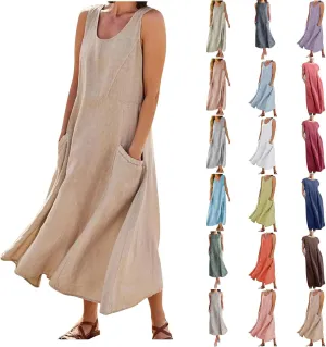Maxi Dress for Women,2023 Spring Summer Cotton Linen Boho Casual Fashion Sleeveless Dress for Holiday