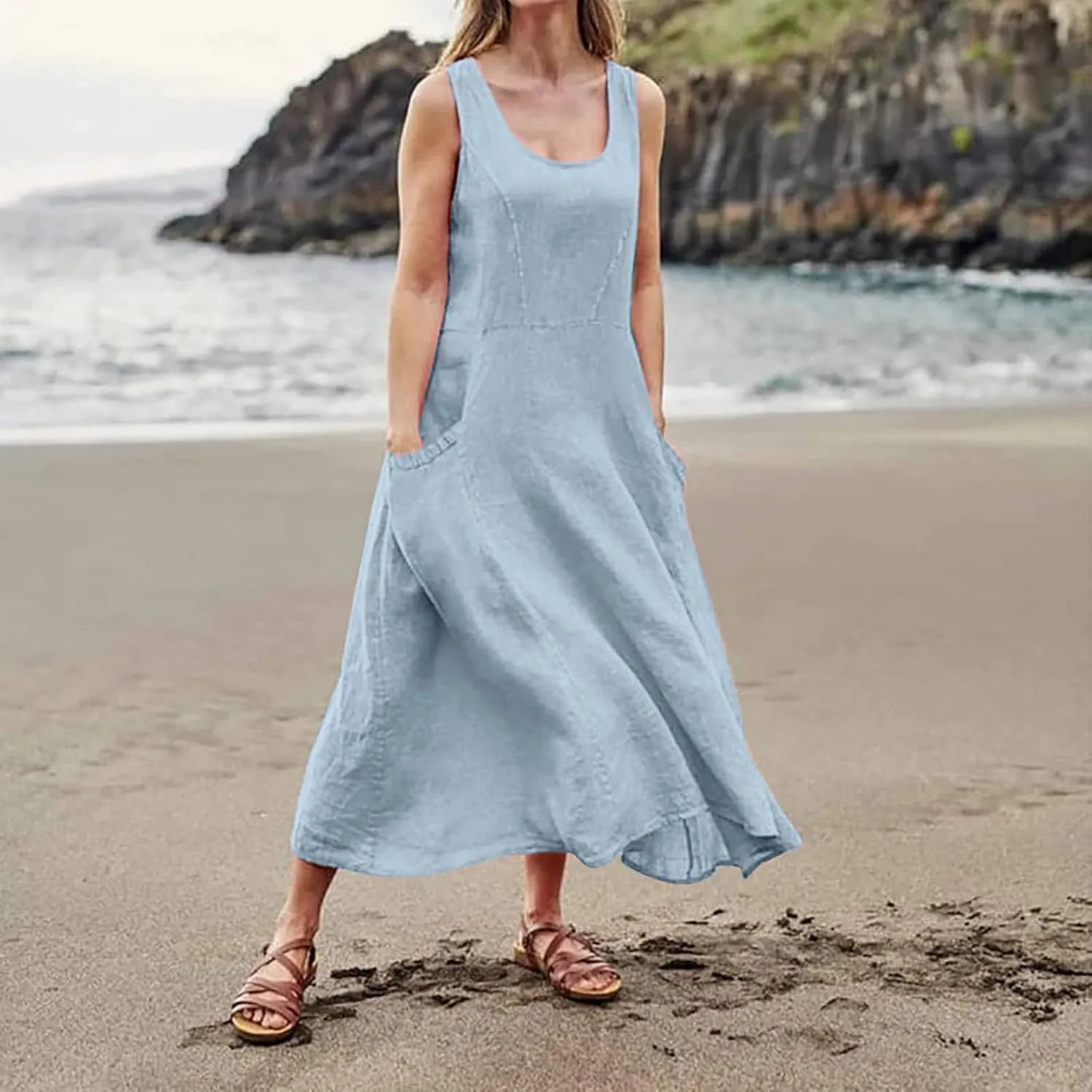 Maxi Dress for Women,2023 Spring Summer Cotton Linen Boho Casual Fashion Sleeveless Dress for Holiday