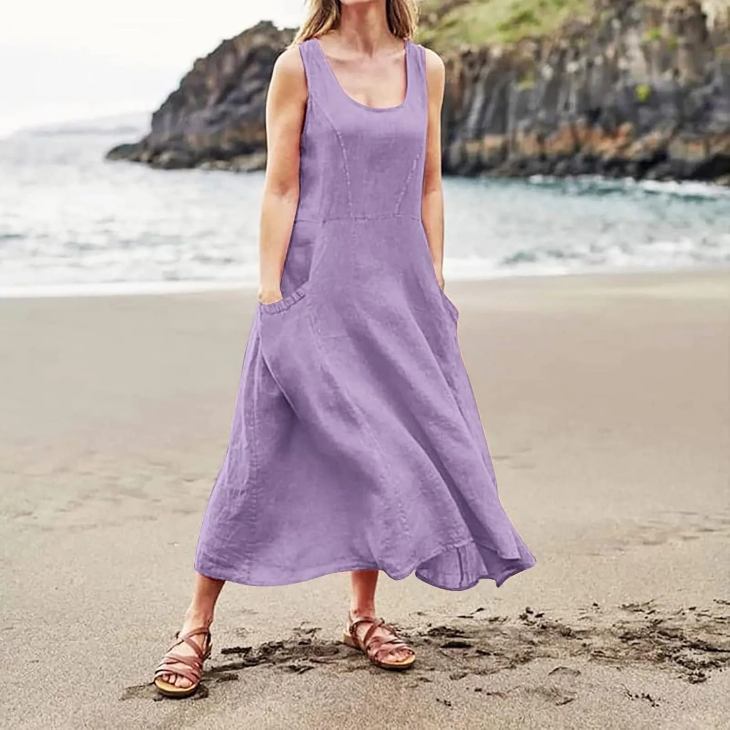 Maxi Dress for Women,2023 Spring Summer Cotton Linen Boho Casual Fashion Sleeveless Dress for Holiday