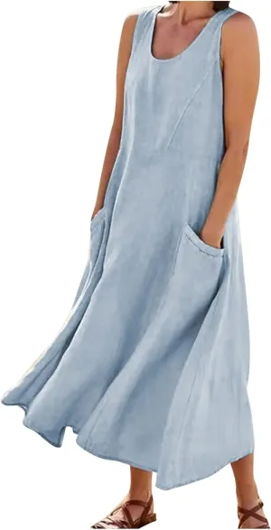 Maxi Dress for Women,2023 Spring Summer Cotton Linen Boho Casual Fashion Sleeveless Dress for Holiday